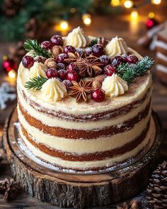 a christmas cake with white frosting and cranberry toppings on a wooden platter