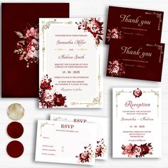 wedding stationery with burgundy flowers and gold trimmings on the front, red floral envelope