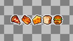 an image of pixel art with different types of food on the screen, including hamburgers and