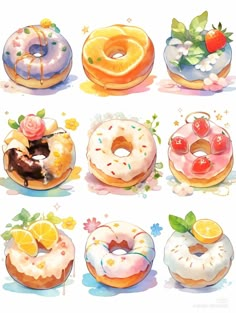 six donuts with different toppings are shown in this painting style, and each one has an individual bite taken out of it