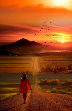 a woman walking down a dirt road towards a sunset with birds in the sky above