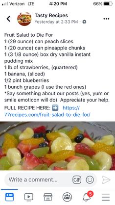 the recipe for this fruit salad is shown on an iphone screen, and it appears to be