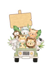 a car filled with animals and a wooden sign