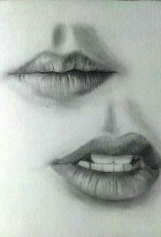 pencil drawing of two women's lips and one has teeth on the other side