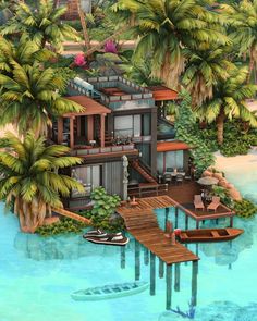 an artist's rendering of a house on the water with palm trees around it