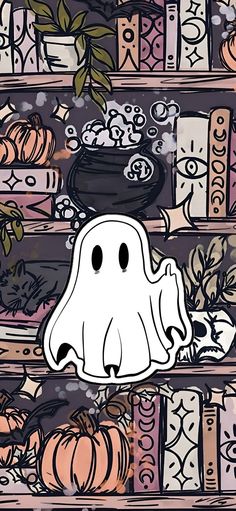 a cartoon ghost sitting in front of bookshelves with pumpkins and other items