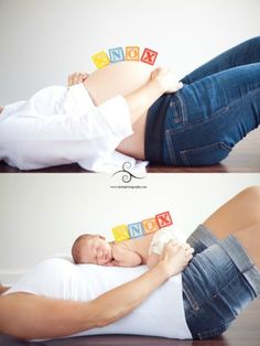 two pictures of a baby laying on the ground with blocks spelling out words in front of them