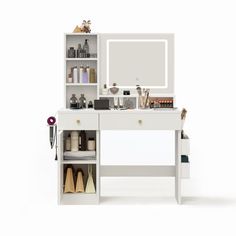 a white desk with a mirror and some shoes on top of it, next to a shelf