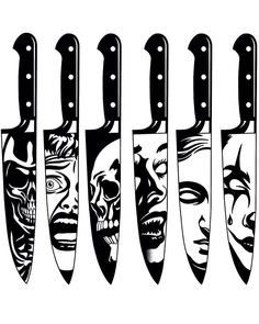 six knives with different designs on them