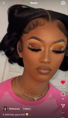 Gold Shadow Makeup, Ytk Tattoos, Cute Gold Makeup Looks, Natural Makeup Looks With Glitter, Prom Makeup Dramatic, Prom Makeup Black Women Rhinestones, Orange Prom Makeup Looks Black Women, Makeup Looks For Black Women Prom, Soft Glam Makeup With Rhinestones