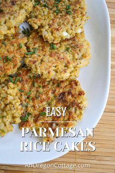 easy parmesan rice cakes on a white plate