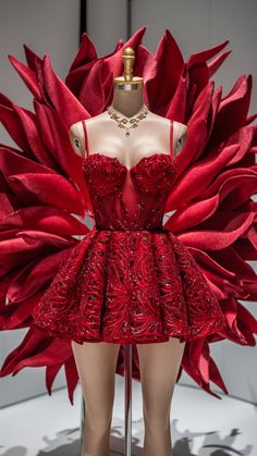 a mannequin wearing a red dress with large feathers on it