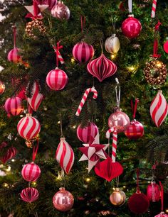 a christmas tree with red and white ornaments hanging from it's sides, including candy canes