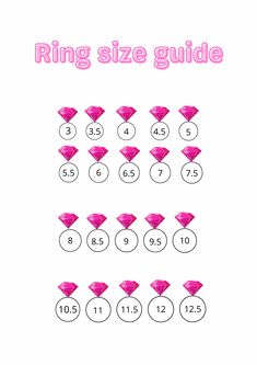 the ring size guide for girls with pink diamonds on it and numbers in front of them