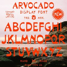 an orange and black typeface is displayed on a beach with rocks in the foreground