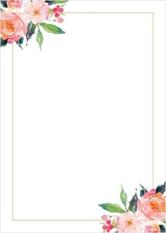 a floral frame with pink flowers and green leaves on the bottom, along with a gold border