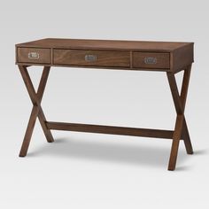 a wooden desk with two drawers on one side and an open drawer on the other