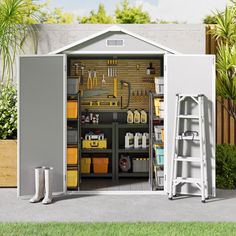 an outdoor storage shed with tools in the door and shelves full of supplies on the outside