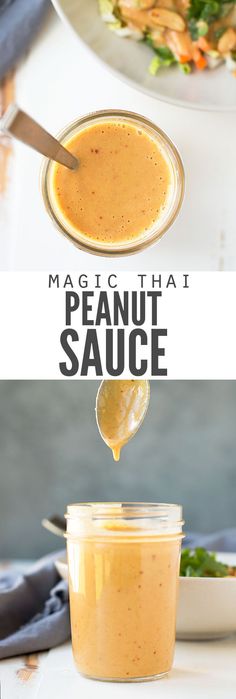 a spoon full of peanut sauce with the words magic thai peanut sauce in front of it