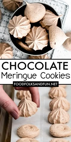 chocolate meringue cookies on a baking sheet and in a cast iron skillet