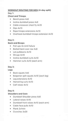 4 day workout split for men at the gym. Gym Split Schedule Men, Men Workout Split, Gym Workouts Routine For Men, Best Workout Plan For Men, Best Gym Workout Plan For Men, Gym Split Men, Best Split Workout, Workout Schedule Weights, Best Gym Program