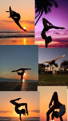 the woman is doing different poses on the beach at sunset or sunrise, and she has her arms in the air