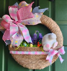 Designed by@Mayra's touch, wreaths, crochet and decor Easter Wreaths For Front Door Bunny, Dollar Tree Rabbit Wreath, Uskrsne Dekoracije, Sunflower Out Of Bunny Wreath, Bunny Grapevine Wreath, Bunny Door Wreath, Bunny Diy, Basket Wreath