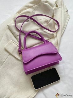 BirdinBag - Stylish Mini Purple PU Flip Square Bag with Adjustable Shoulder Strap Purple Handheld Bag With Large Capacity, Purple Rectangular Bags With Adjustable Handle, Large Capacity Handheld Purple Bag, Purple Large Capacity Double Handle Satchel, Large Capacity Purple Crossbody Bag, Purple Large Capacity Crossbody Bag, Purple Top Handle Box Bag For Daily Use, Chic Purple Shoulder Bag With Mobile Phone Pocket, Trendy Purple Rectangular Box Bag