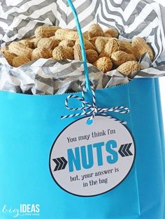 a blue bag filled with nuts sitting on top of a table