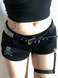 These trendy low-rise denim shorts feature a unique rhinestone skeleton embellishment, making them a standout piece in your wardrobe. Perfect for adding a touch of edginess to any outfit, these shorts are both stylish and eye-catching.  **Options:** 1. One pair of shorts without a leg loop. 2. One pair of shorts with a leg loop.      	 		 			Size 			S 			M 			L 		 		 			Waist 			71 			75 			79 		 		 			Hips 			88 			92 			96 		 		 			Length 			27 			28 			29 Shorts With Ripped Tights, Micro Shorts Outfit, Emo Shorts, Black Denim Shorts Outfit, Rhinestone Skeleton, Goth Shorts, Black Shorts Outfit, Goth Pants, Gothic Shorts