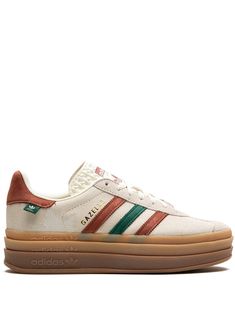 ecru/green/red leather signature 3-Stripes logo contrasting heel counter logo-print tongue front lace-up fastening round toe flatform sole These styles are supplied by a premium sneaker marketplace. Stocking only the most sought-after footwear, they source and curate some of the most hard to find sneakers from around the world. Gazelle Bold Shoes, Looks Adidas, Adidas Gazelle Bold, Gazelle Bold, Bold Shoes, Adidas Originals Gazelle, Hair Fashion, Fashion 2024, Shoe Fits