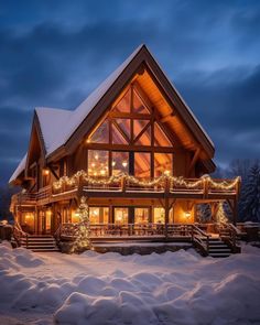 a large house covered in snow with christmas lights on the windows and balconies