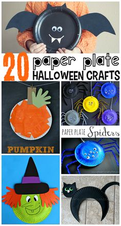 halloween crafts for kids to make with paper plates and spider webs, pumpkin hats and bats