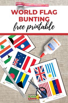 the world flag bunting free printable is shown with scissors and other items to make it