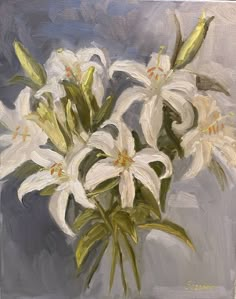 a painting of white flowers in a vase