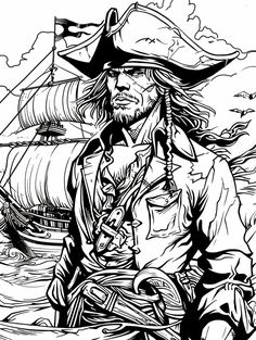 a black and white drawing of a man in a pirate costume with a ship behind him