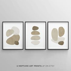 three framed art prints on a wall with the text,'netunet art prints / / on etsy '