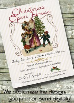 a christmas open house flyer with santa and children around a small tree on the front