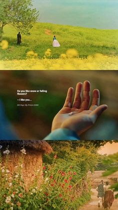 two different pictures with people in the grass and one has a hand reaching out for something