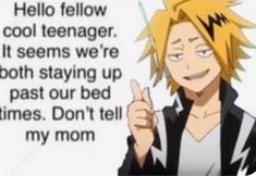 an anime character pointing to the right with a quote below it that says, hello fellow cool teenager