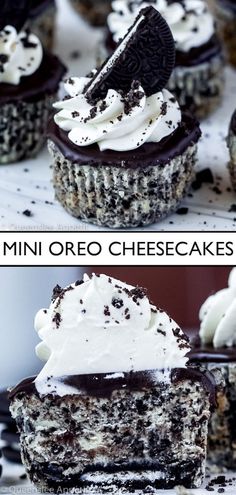 oreo cheesecake cupcakes with oreo cookies and cream frosting on top