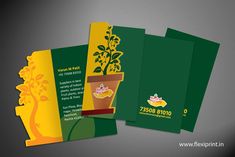 three green and yellow business cards with a potted plant