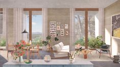 an artist's rendering of a living room with large windows and lots of furniture