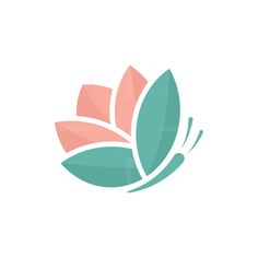 a pink and blue flower with green leaves on the bottom is shown in this logo design