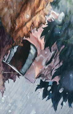 an abstract painting of trees and water with rain drops on the ground, including leaves