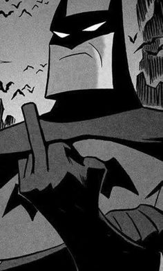 the batman animated character is pointing his finger at something in front of him and bats flying overhead