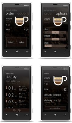 four screens showing the menus and options for coffee