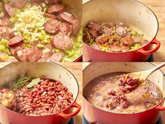 four pictures show the process of cooking beans and sausages in red pans on top of a stove