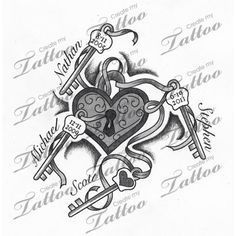 a tattoo design with two hearts and keys