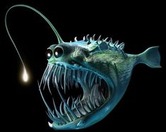 a fish with its mouth open and it's teeth wide open, while the light is